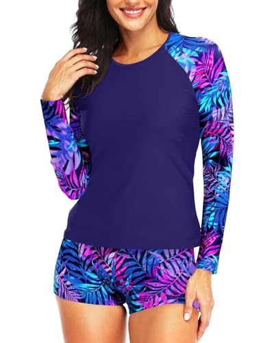 Image of Daci Women Two Piece Rash Guard Long Sleeve Swimsuits with Short UPF 50+ | UPF 50+,High Waisted Short,Long Sleeve,High Neck,Built-in Brief,Quick Dry