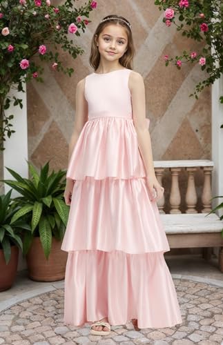 Satin Flower Girl Dress with Bow-Knot Layers A Line Birthday Party Dresses for Girls Maxi Prom Ball Gowns2