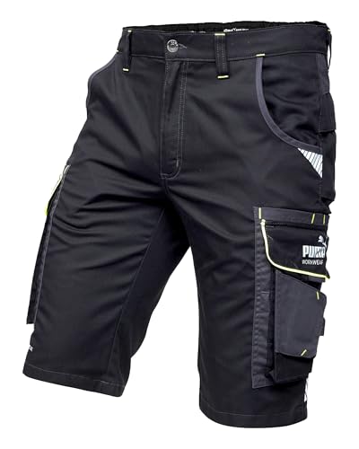 PUMA Workwear Precision X - Kurze Arbeitshose Herren - Robuste & Flexible Arbeitsshorts - Viele Taschen und Bequeme Passform - Ideal für Handwerk Heimwerk und Baugewerbe - Schwarz/Neon - Gr. 64