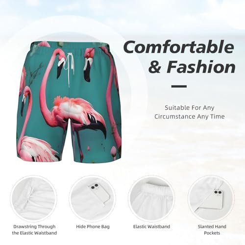 Men's Flamingo Flowers Print Quick-Dry Mesh Swim Trunks Stretch Lining Beach Shorts Surfing Summer Vacations4