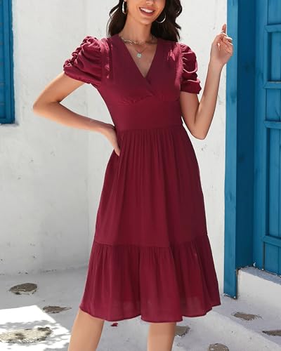 Image of Womens 2025 Summer Dress V Neck Puff Short Sleeve Tiered Dress Elastic High Waist Flowy Vacation Midi Dresses