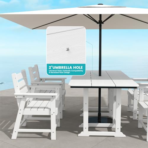 Image of 7-Piece Dining Set, HDPE Table & 6 Chairs, White | HDPE Dining Set: 69.1 inch Table + 6 Chairs, 380 lbs, 304 Stainless, All-Weather, No Rust No Crack, Outdoor Patio Garden