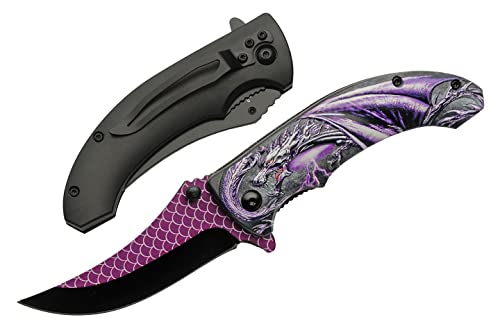 SZCO 4.5' Purple Dragon Folding Knife –Liner Lock Pocket Knife with Dragon scale Handle, 3.25' Black & Purple Blade, Durable ABS Handle & Belt Clip for EDC
