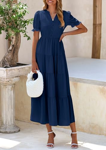 PRETTYGARDEN Women's Summer Casual Short Sleeve V Neck Midi Dresses 2025 Spring A-line Tiered Wedding Guest Dress3