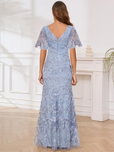 Image of Lace Mermaid Mother of the Bride Dresses for Wedding Short Sleeve Formal Dress Evening Gowns