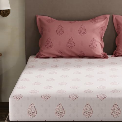Image of Layers 100% Cotton King Size Bedsheet Set | Pink Floral Print | 120 TC Forever Collection | Soft & Breathable | Washable Bedsheet with 2 Pillow Covers | All Season