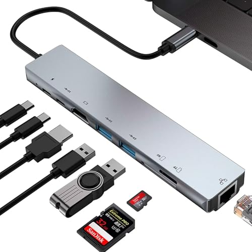Hub USB C 8 en 1 Ethernet Gigabit HDMI 4K 60Hz con PD 100W Adaptador Tipo C 3.2 Compatible con MacBook Air, Pro iPad, iPhone 16 Plus MAX, Surface, Galaxy Tab S9, Galaxy S24 Ultra, Surface, 10Gbps NF4