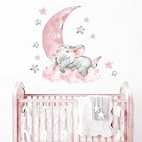 Cute Pink Sleeping Baby Elephant Wall Stickers, sacinora Moon and Stars DIY Art Wall Decals...