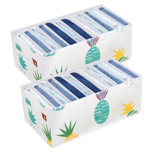 Yuragim Boîte de Rangement Pliables Vêtements, 2 Pcs Jeans Organisateur Rangement, Armoire Organisateur de Vêtements Organisateur de Tiroir avec Poignée et 12 Grilles pour Pantalons Leggings T-shirts Cover