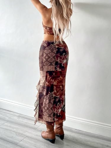 Image of Verdusa Women's 2 Piece Boho Skirt Sets Going Out Backless Halter Top with Split Skirt Rave Festival Outfits Western Clothes