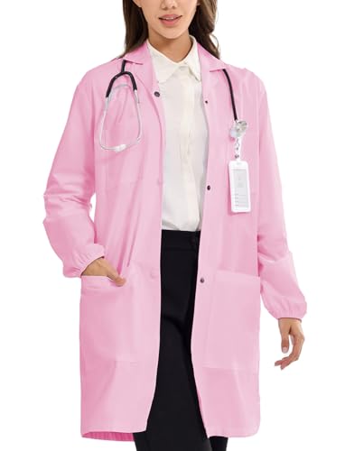 Image of Women's Lab Coats Snap Closure 4 Pockets Elastic Cuffs Professional Medicas Long Sleeve Labcoats Scientist College