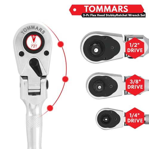 Image of TOMMARS Flex Head Stubby Ratchet Set, 1 /4 inch, 3 /8 inch, 1 /2 inch Socket Wrench Kit | Mechanic Hand Tool, Flexible, 72 Tooth 5-degree swing arc, Quick Release, Reversible