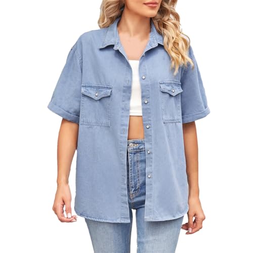 Amazon.com: Women's Short Sleeve Denim Shirt Summer Fashion Mid