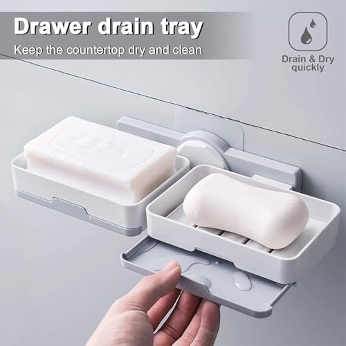 Image of Wall Mounted Double Layers Soap Dish Saver with Drain Tray, Adhesive Sponge Holder No-Drilling Soap Holder for Shower Bathroom Kitchen