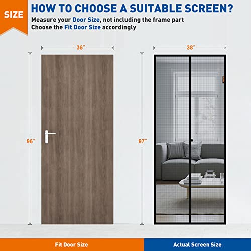 Magzo Magnetic Screen Door Fit Door Size 36 X 96 Inch, Screen Size 38" X 97" Reinforced Fiberglass Mesh Curtain Entry Door Mesh With Full Frame Hook&Loop-Grey #TOP1