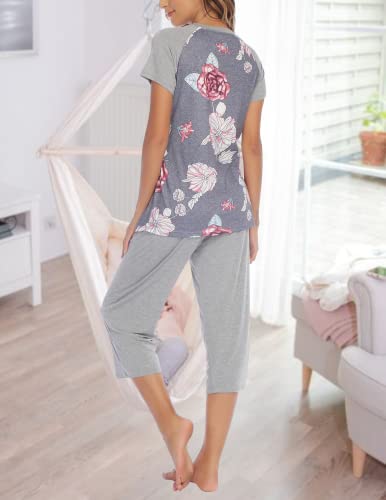 Ekouaer Maternity Nursing Pajamas Sleepwear Set Double Layers Botton Tops And Trousers Capris(Pink Floral L) #TOP3