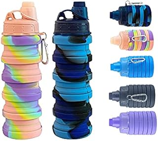 Collapsible Water Bottles 2 pack Travel Water Bottle Portable Hiking Water Bottle with Leak proof Twist Cap 500ML Reusable BPA Free Silicone Water Bottles (Style1, Pink camouflage+ Blue camouflage)