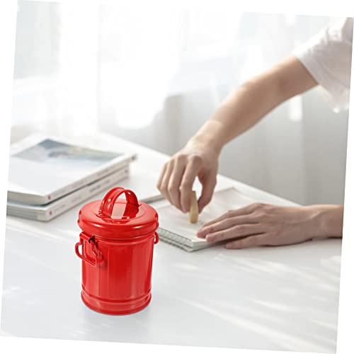 Image of KOMBIUDA 1pc Desktop Mini Trash Can Lid Versatile Pen Holder and Makeup Brush Organizer for Home and Office Space-Saving Iron Storage Bucket Red for Stationery and Item Storage