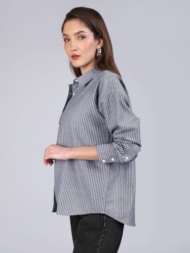 Image of Urbano Fashion Women's Cotton Full Sleeve Oversized Fit Casual Striped Shirt with Spread Collar