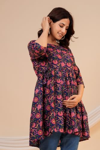 Image of THE Moon Star Women's Cotton Floral Printed Anarkali Maternity Feeding Kurti | Breastfeeding Dress for Mothers | Zipper Feeding Kurti, Nursing Kurti, Comfortable and Trendy Maternity Wear