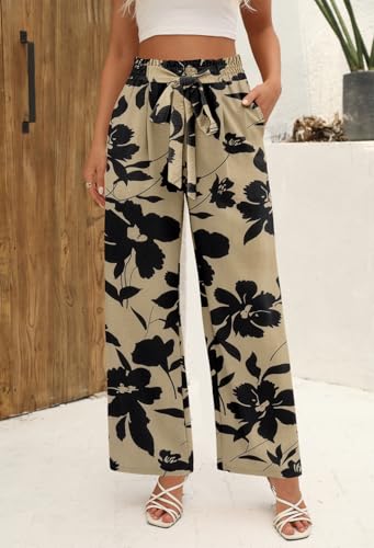 Angerella Womens Elastic High Waisted Palazzo Pants Casual Wide Leg Floral Print Summer Boho Long Lounge Pant Trousers with Pocket,KhakiBlack,S - Thumbnail 2