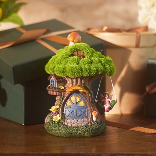 TERESA'S COLLECTIONS Garden Ornaments Outdoors, Solar Green Tree House with Swinging Fairy, Waterproof Resin Fairy House Ornaments, Indoor Outdoor 19.5CM