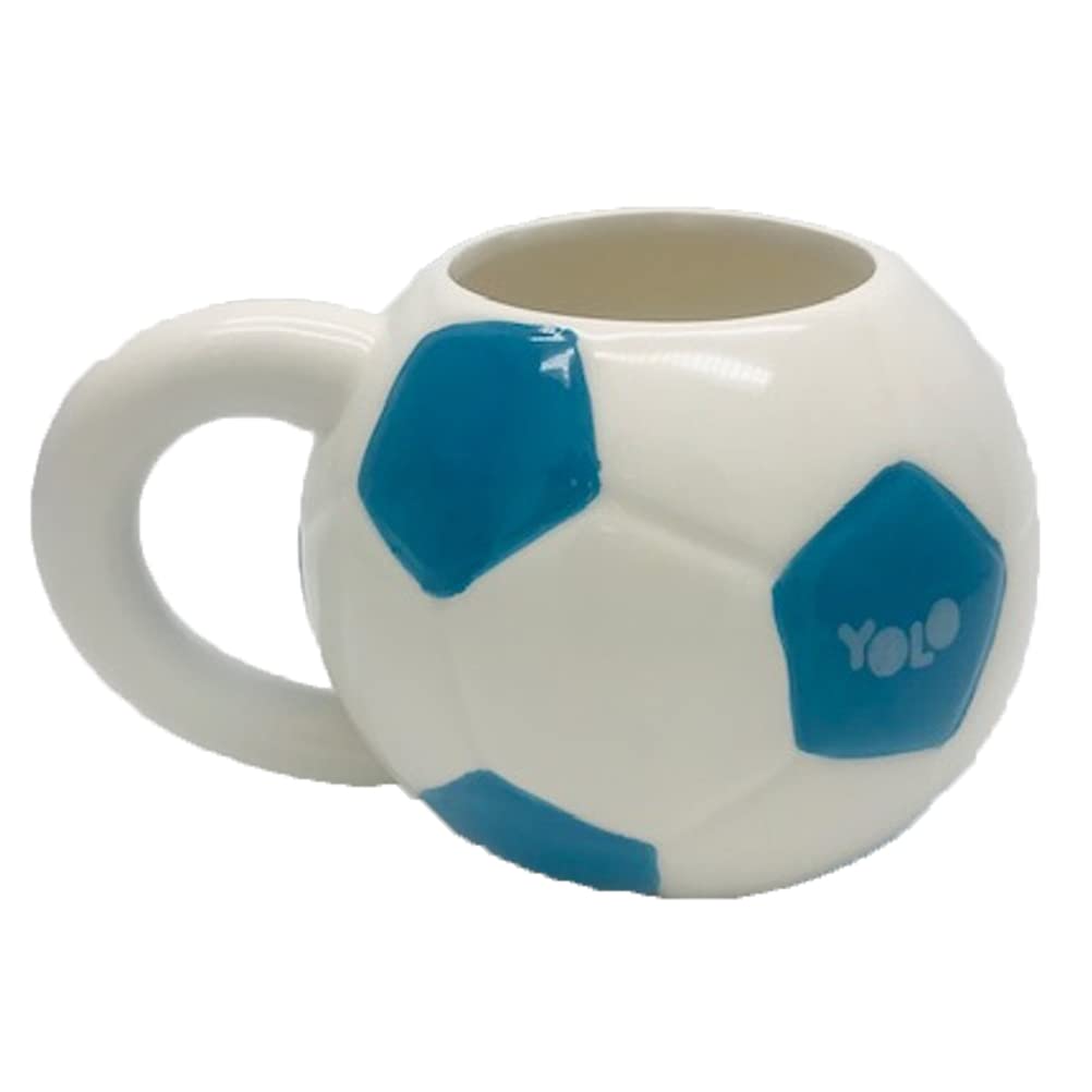 YOLO 570ml Novelty Soccer Ball Shaped Ceramic Mug/Cup for Coffee Tea, Water & Drinks, Blue,white