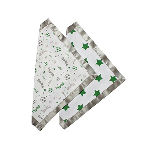 Bacati Soccer Muslin 2 Piece Security Blankets, Green/Grey