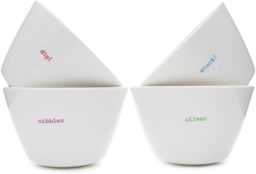 Keith Brymer Jones - Word Range - Ceramic Snack Bowl Set of 4 - Gift Boxed - Olives, Snack!, Nibbles, dip! - 200ml