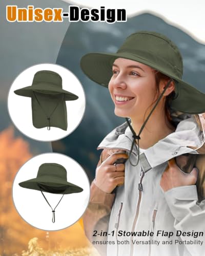Image of Outdoor Sun Hats with Stowable Neck Flap for Men Women UPF 50+ Mesh Summer Bucket Hat Wide Brim for Fishing Safari Hiking