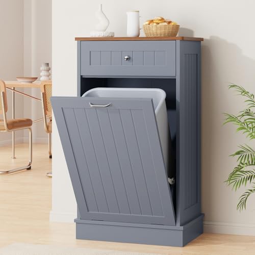 Anunweldo Kommode für Mülleimer 37L, Küchenschrank mit 1 Schubladen, Kücheninsel Küchenkommode mit Arbeitsplatte, Schrank für Küche ohne Mülleimer(Modernes Grau)