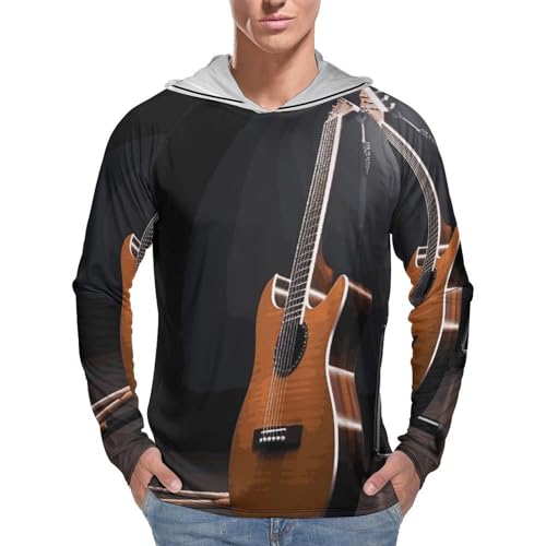 Men's Sun Shirts UPF 50+ Rash Guard Long Sleeve Sun Protection Hoodie Musical Instrument Guitar Lightweight Shirt XL White