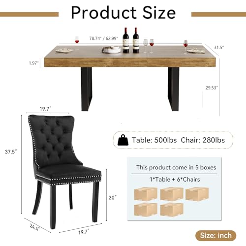 Image of Brown Dining Room Table Set for 6, 7-Piece 63 inch-78.74 inch Extendable Dining Table Set with 6 Upholstered Chairs, Rectangle Wooden Expanding Kitchen Table and Black Chairs Set
