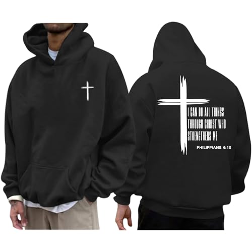 Tuislay Mens I Can Do All Things Through Christ Hoodies Christian Jesus Hoodie Religious Cross Sweatshirt Faith Pullover Tops(Black L)