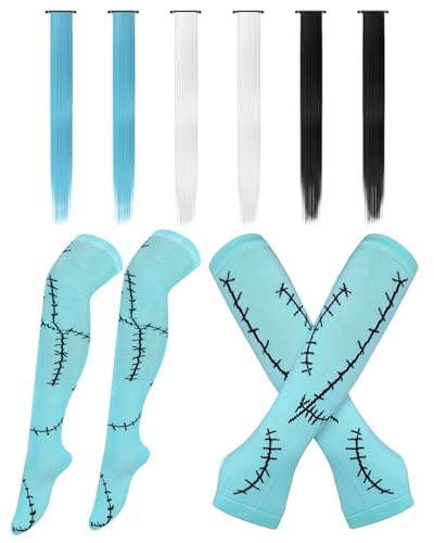 WinnerWhy 8 Pcs Halloween Sally Cosplay Accessories Set for Girls Women Faux Stitched Arm and Leg Warmers Blue White and Black Wig for Monster Inspired Costume Adult