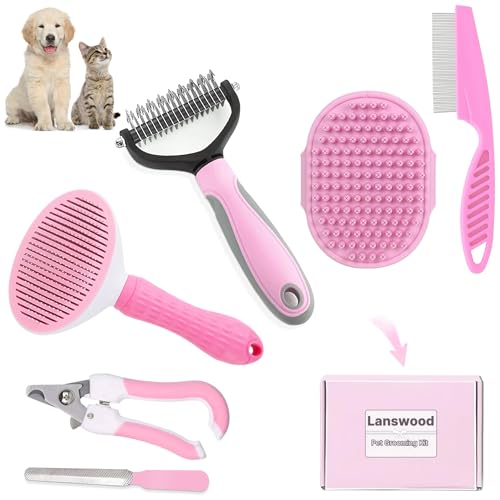 Dog Brush Grooming Kit 6PCS Dog Brush for Shedding-Dogs Brushes for Grooming, Dematting Comb for Dogs, Nail Clipper with Nail File, Flea Comb, Cat Bath Brush-Pink