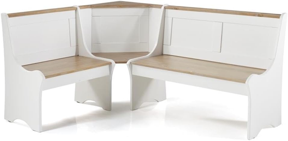 Pemberly Row Solid Wood Dining Nook Set with Storage, Antique White and Driftwood Finish, Includes Corner Unit, Table, Bench, Configurable Design, Rustic Farmhouse Style Kitchen Seating, Compact