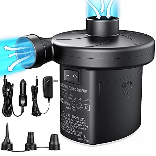 Electric Air Pump, Air Mattress Pump with 3 Nozzles, Dr.meter Battery Powered Portable Air Pump, 110-120V AC 12V DC Quick-Fill Inflator Deflator for Outdoor Camping Inflatables Raft Bed Boat Pool Toy