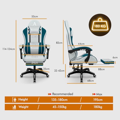 ALFORDSON fotel biurowy, fotel gamingowy z masażem, ergonomiczne krzesło dla graczy z podnóżkiem, zagłówkiem, masażującą poduszką lędźwiową, tapicerowany, krzesło obrotowe z płótna