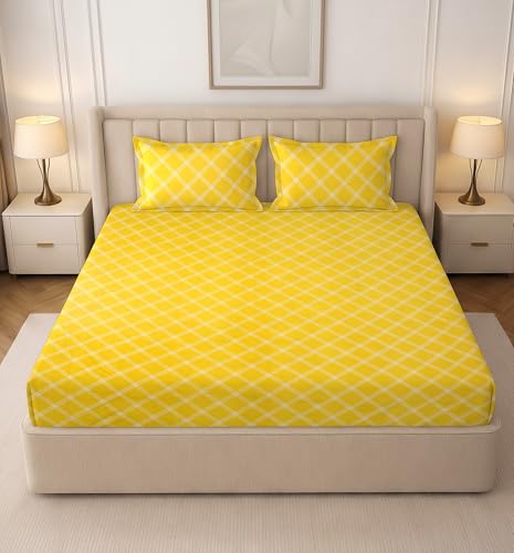 Image of RD TREND Cloud Cotton Double Bed Bedsheet-90x100 Inches with 2 Matching Pillow Covers (18x28Inch | Queen Size Bed Sheet 210 TC Soft & Breathable | (Lines-Yellow)