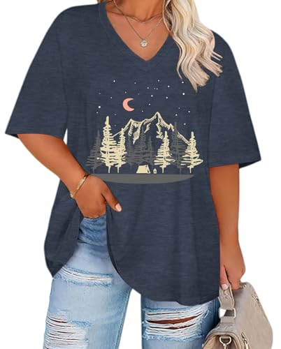 Womens Plus Size Oversized Tshirts Graphic V Neck Short Sleeve Summer Tops