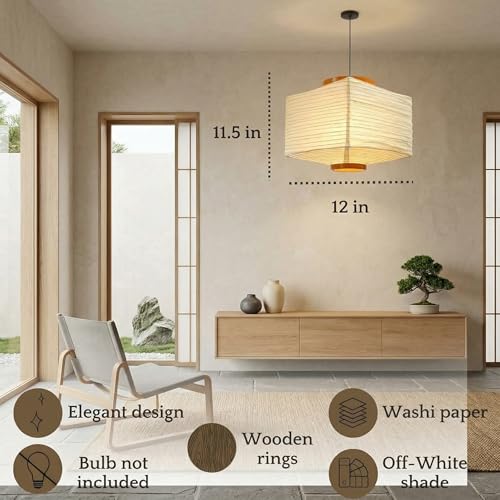 Image of Nogy Paper Lantern Lamp Japanese Style Pendant Light - Off White Rice Hanging Paper Lamp Shade with Cord (11.5 Hardwired Square (Ceiling))