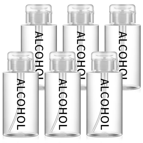 Image of Layhit 6 Pcs 6.7 oz Alcohol Pump Dispenser Bottles Alcohol Push Down Liquid Dispenser Empty Pumping Bottle Refillable Cosmetic Container for Personal, Salon, Nail Care (Clear Cap + Clear Bottle)
