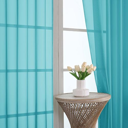 Image of OWENIE Sheer Curtains 63 inch Length 2 Panels Set, Rod Pocket Voile Fimly Sheer Drapes for Living Room /Bedroom, 2pcs, Each 42 inch W x 63 inch L,Turquoise Blue