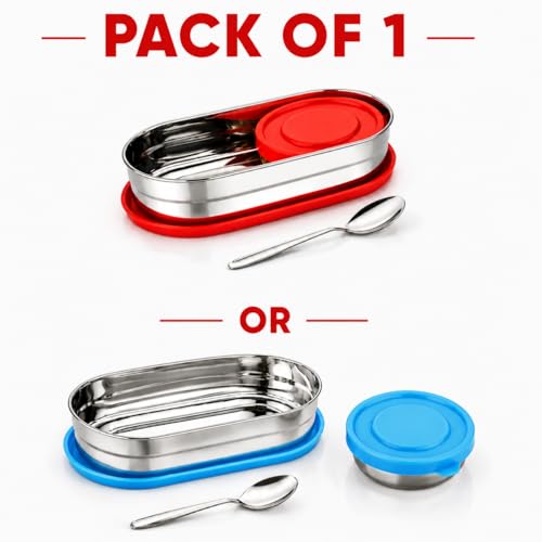Image of PRESCO Small Oval Stainless Steel Kids Lunch Box with Spoon for School Kids, Boys - Leakproof Tiffin Box for Men & Women, Picnic, Travel - Stylish, Compact & Daily Use Meal Prep Box, 450ml- Pack of 1