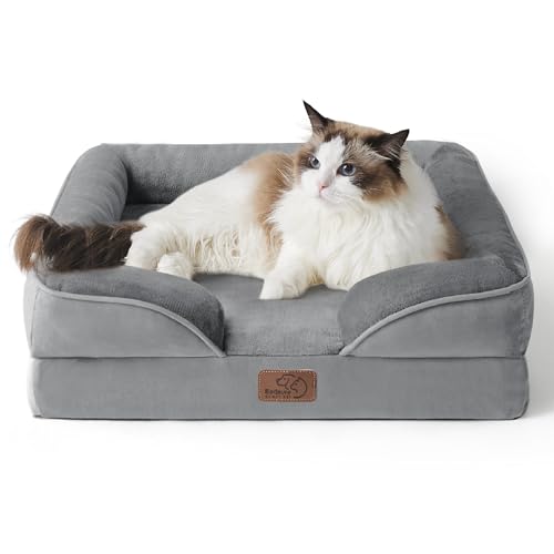 Bedsure Cat Beds for Indoor Cats – Washable Bolster Dog Sofa Beds for Extra Small Dogs, Supportive Foam Pet Couch Bed with Removable Washable Cover, Waterproof Lining and Nonskid Bottom, Grey