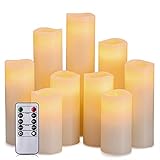 Hausware Flameless Candles Battery Operated Candles H 4' 5' 6' 7' 8' 9' Real Wax Pillar Flickering LED Candle with 10-Key Remote and Timer Control Set of 9 (Ivory Color)