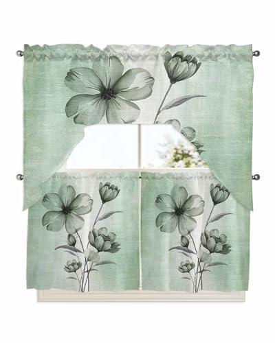 Sage Green Floral Kitchen Curtains Sets for Windows 3 Piece,