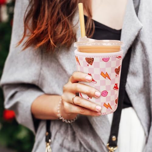 Image of Reusable Insulated Neoprene Iced Coffee Cup Sleeve, Durable Drink Sleeve for Cold Beverages, Beverage Holder for Iced Coffee, Preppy Pink