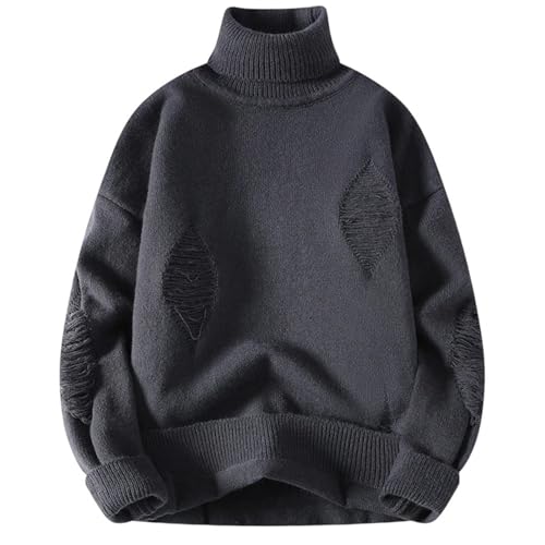 Men's Ripped Turtleneck Pullover Solid Color Casual Knitted Sweater Loose Street Sweater